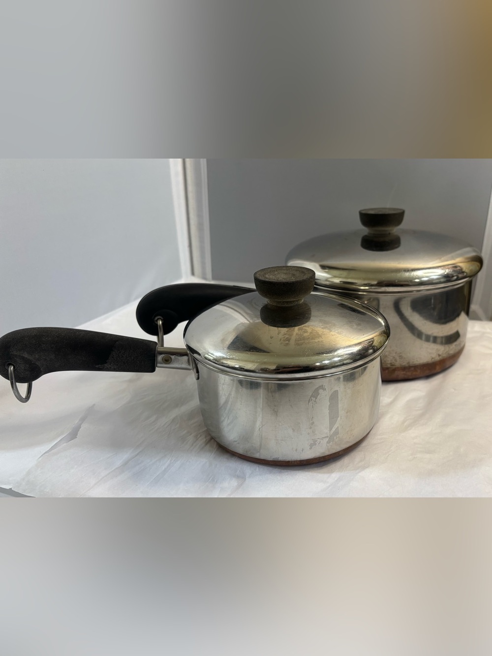 2 Vintage Revere ware Stainless Steel Saucepans with Lids copper bottom